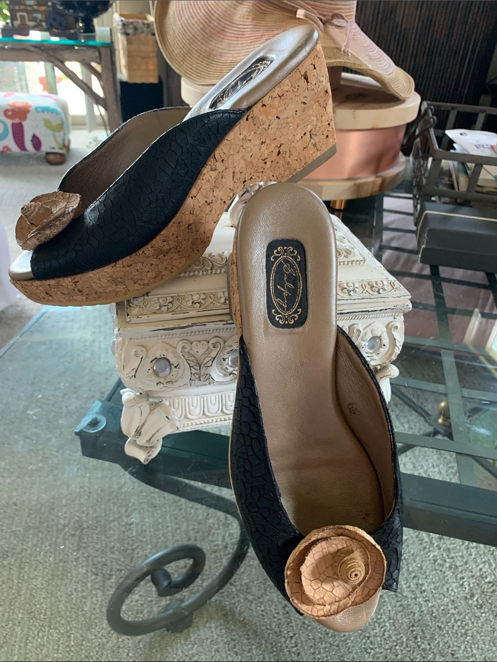 Salpy Lily black mules snake-embossed leather upper cork wedge floral accent 6.5